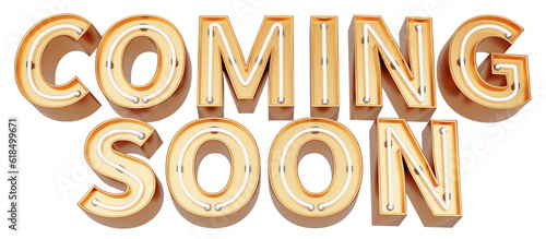 Golden 3d text with glowing neon tube. typography. 3D illustration. COMING SOON.