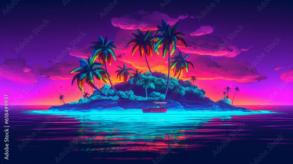 tropical island with palm trees neon style