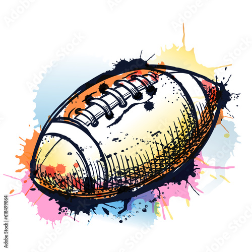 American football sports ball on watercolor splash background. Vector hand drawn sketch illustration