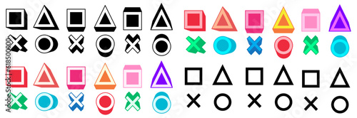 set collection squares, triangles, circles, and cross icon symbols. geometric shapes of game controller trendy design template vector illustration
