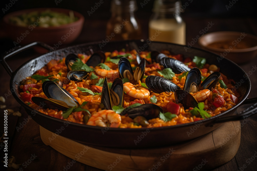 Delectable and savory seafood paella. AI Generated