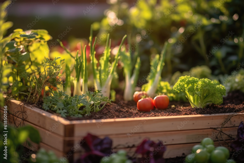Raised bed gardens for growing vegetables or composting. Generative AI