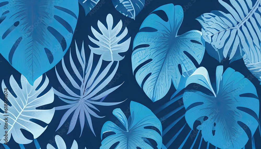 Collection of tropical foliage plants in blue color with space background