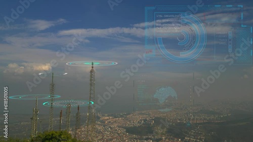 Closeup aerial view around of the telecommunication tower. Telecom tower antennas and satellite transmits the signals of cellular 5g 4g mobile signals and their radio waves works on a long distance