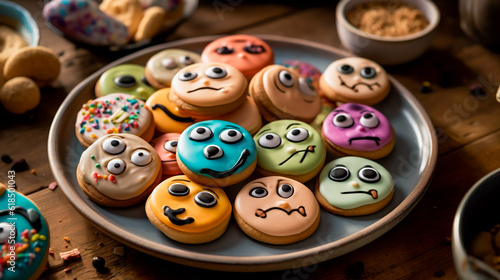 A plate of cookies with silly faces. AI Generated