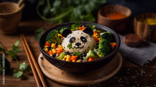 A plate of rice and vegetables arranged to look like a panda. AI Generated