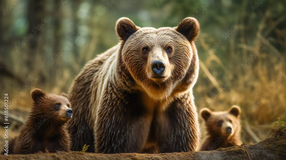 Fototapeta premium Bear family in the forest. Generative AI