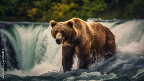 Brown bear catches salmon at waterfall. Ai Generated