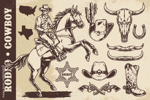 Rodeo cowboy set logotypes monochrome
