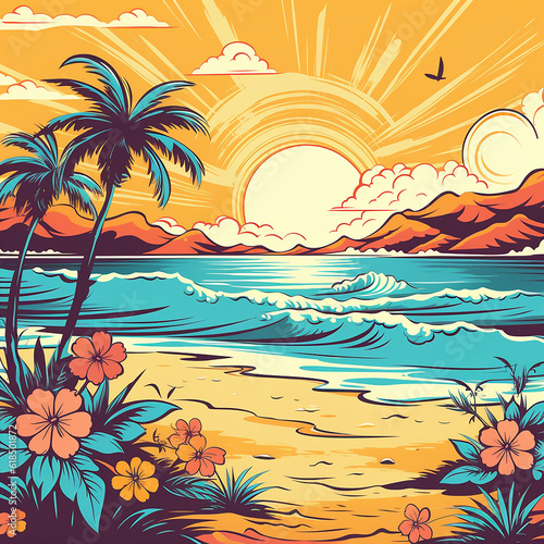 Ai happy beach cartoon with sand palm trees and ocean waves