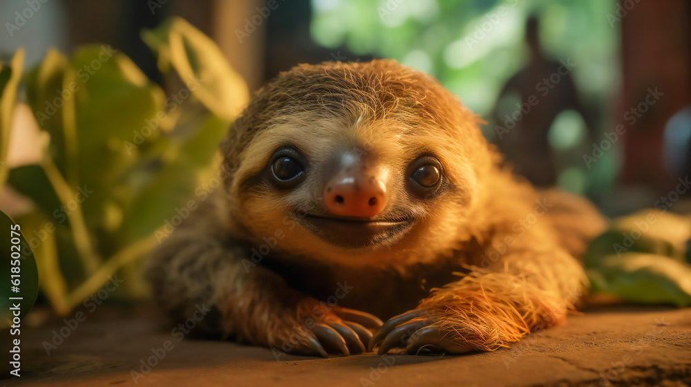 Curious Baby Sloth Peeking Out from Behind a Leaf. Generative AI Curious Baby Sloth Peeking Out from Behind a Leaf. Generative AI