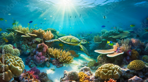 Diving into a Vibrant World of Coral and Sea Creatures. Generative AI © EwaStudio