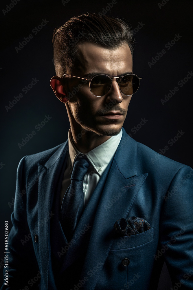 Fototapeta premium Fashionable male model in a trendy suit and sunglasses. AI Generated..
