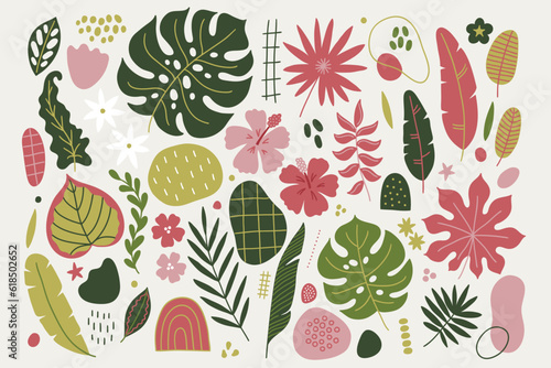 Tropical summer set - flowers, hibiscus, abstract shapes, palm, monstera leaves