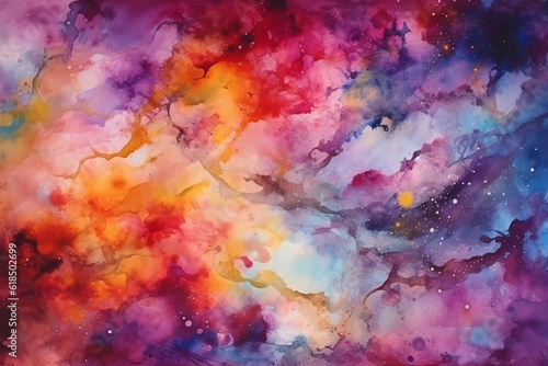 Colorful purple and yellow red watercolor space background. View of universe with copy space. Nebula illustration.