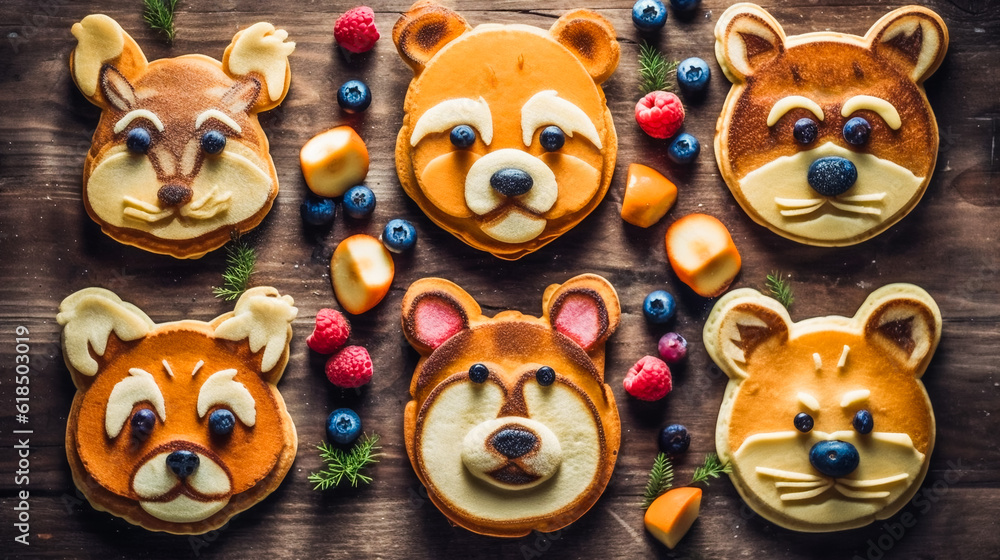 Fun and Festive Pancakes Shaped like Animals and Topped with Fresh Fruit . AI Generated Fun and Festive Pancakes Shaped like Animals and Topped with Fresh Fruit . AI Generated