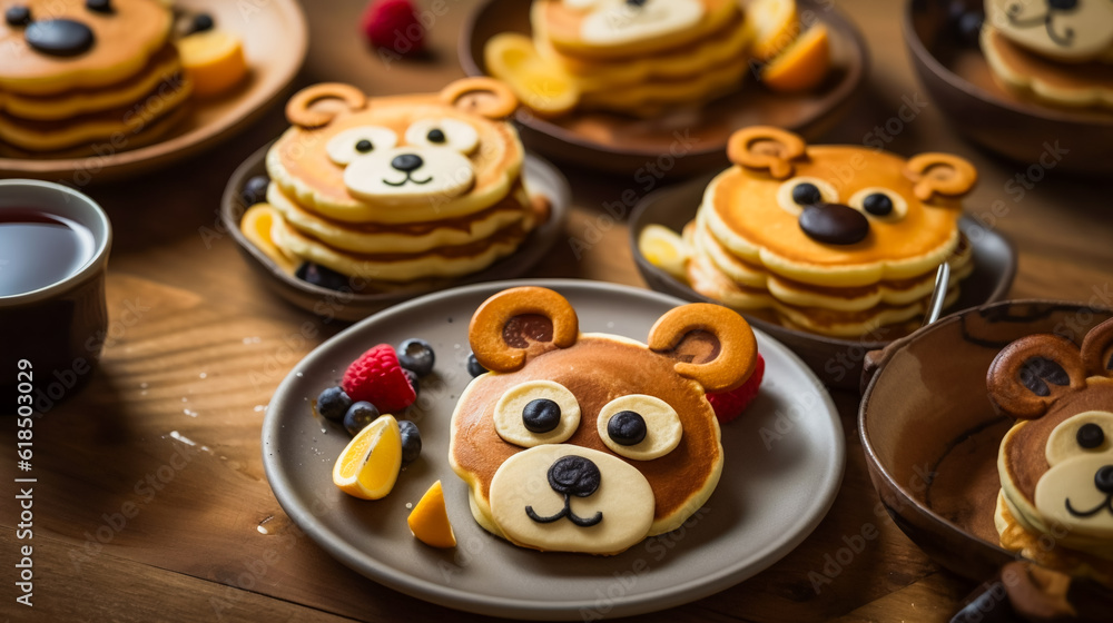Obraz premium Fun and Festive Pancakes Shaped like Animals and Topped with Fresh Fruit . AI Generated