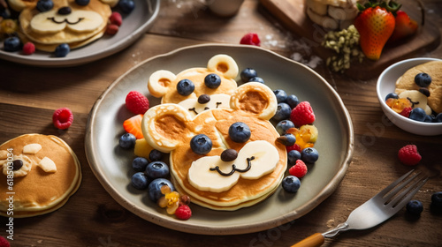 Fun and Festive Pancakes Shaped like Animals and Topped with Fresh Fruit . AI Generated