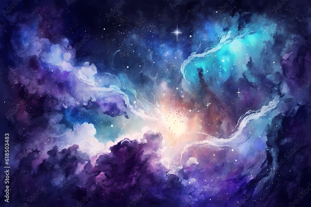 Purple and pink watercolor galaxy background with stars. View of universe with copy space. Nebula illustration.
