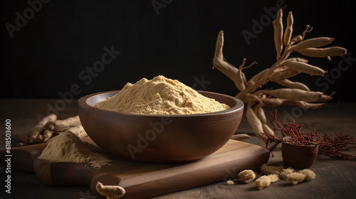 Ashwagandha, ashwagandha root finely ground, small bowl, wooden spoon, Soft natural light, earthy tones, neutral background, wooden board, burlap cloth, yellow hue. Generative AI