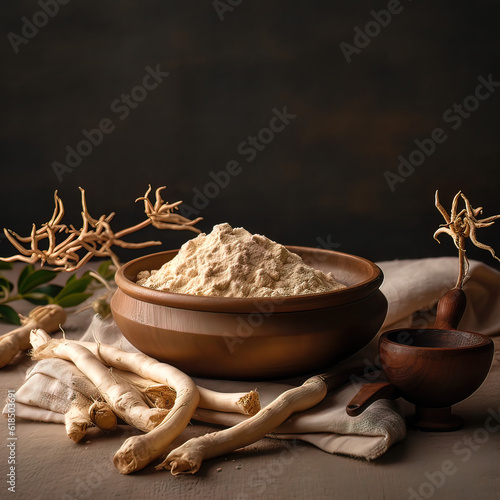 Ashwagandha, ashwagandha root finely ground, small bowl, wooden spoon, Soft natural light, earthy tones, neutral background, wooden board, burlap cloth, yellow hue. Generative AI