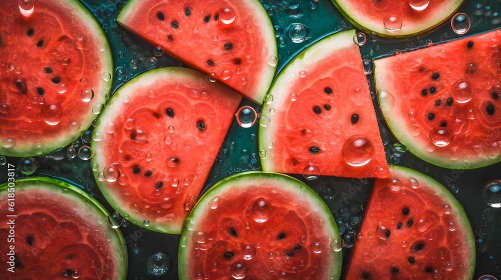 Juicy Watermelon Background with Sparkling Water Drops. Top Down Shot. Generative AI Juicy Watermelon Background with Sparkling Water Drops. Top Down Shot. Generative AI
