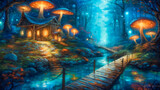 Luminous Blue Mushroom Path Forest in the Light of the Moon. Generative AI