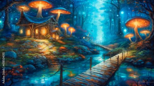 Luminous Blue Mushroom Path Forest in the Light of the Moon. Generative AI © EwaStudio