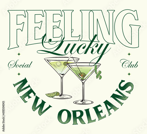 logo slogan graphic, retro with cocktails, text feeling lucky. city new orleans, social club SS23 tennis crest sport 