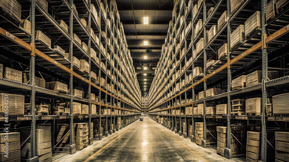 Obraz premium The Imposing Interior of a Massive Warehouse. Generative AI