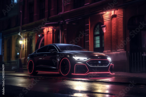 neon red dark luxury automobile led auto modern transportation car. Generative AI. © SHOTPRIME STUDIO