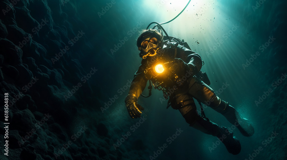 Fototapeta premium Mystical Underwater Journey. Diving into Darkness. AI Generated