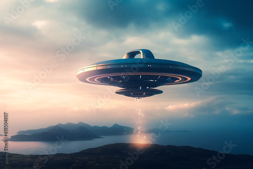 Mysterious UFO sighting over the distant horizon during a cloudy dusk. Generative AI © EwaStudio