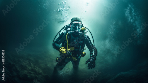 Mystical Underwater Journey.  Diving into Darkness. AI Generated © EwaStudio