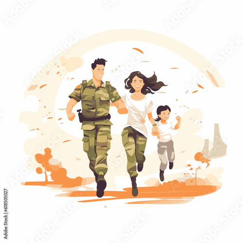 Soldier Family Reunion heartwarming scene vector illustration