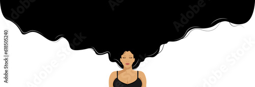 A girl with long dark hair on a light background. Template for postcards.