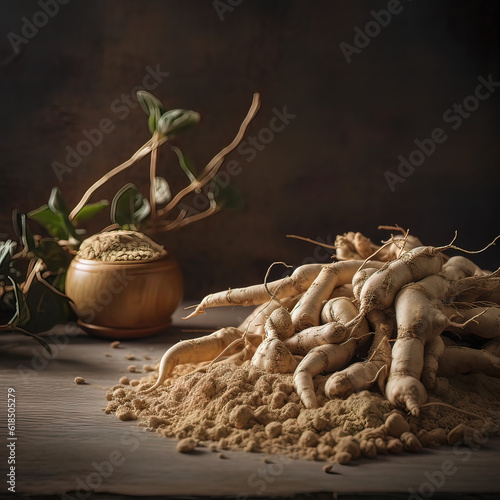 roots of ashwagandha, superfood, fitness supplement, High quality food photography, ashwagandha, ashwa, ashwagandha plant. Generative AI