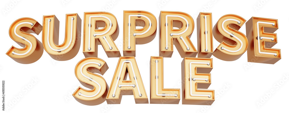 Golden 3d text with glowing neon tube. typography. 3D illustration. SURPRISE SALE. Golden 3d text with glowing neon tube. typography. 3D illustration. SURPRISE SALE.