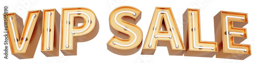 Golden 3d text with glowing neon tube. typography. 3D illustration. VIP SALE.