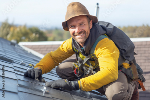 solar energy installer expert on a roof installing solar panels
