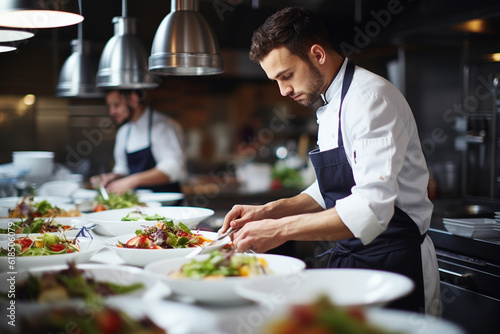 Photo Photo of a young chef preparing food in a restaurant kitchen