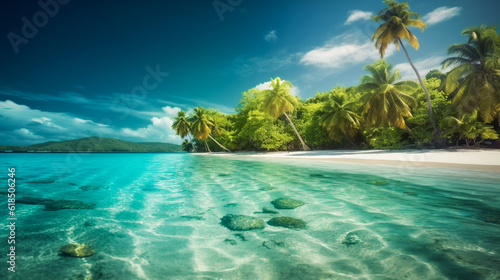 Tropical beach  with turquoise water  white sand  and palm trees. AI Generated
