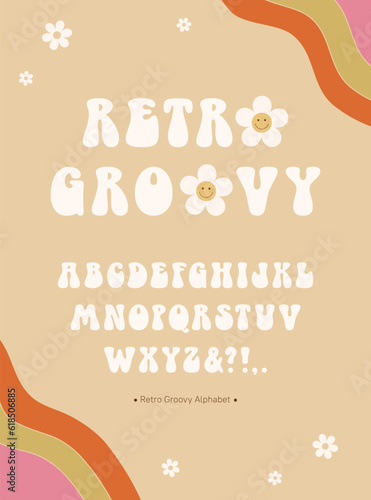 Retro 60s, 70s groovy alphabet. Vector vintage hippy funky font. Stay Groovy. Bubble letter style. Decorative font for retro designs, posters, collages, greeting cards, clothing, merchandise and more. © Julia Laime