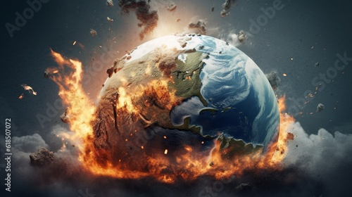 Fototapeta Naklejka Na Ścianę i Meble -  The earth on fire. Environmental disasters and war. Global Warming and Climate Change, Generative AI