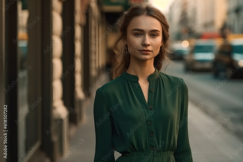 Fototapeta premium young beautiful caucasian woman in green dress walking in city center. AI Generated