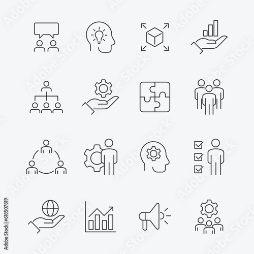 Vector set of linear icons related to business process, team work and human resource management.