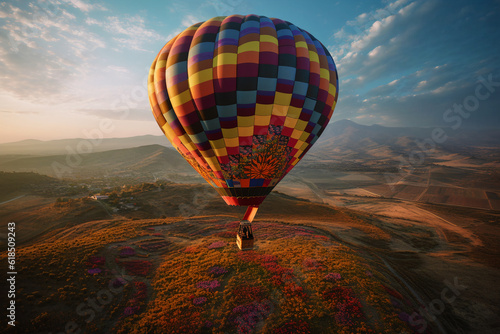 A majestic hot air balloon floating gracefully in the sky, adorned with vibrant colors and intricate patterns, casting a beautiful shadow on the patchwork fields below. The balloon features a unique 
