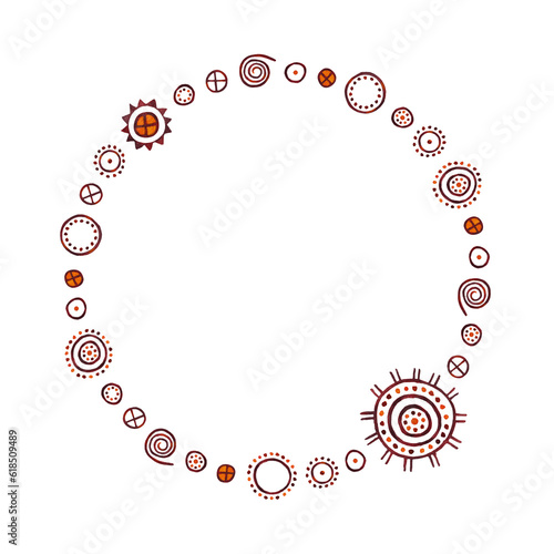 Wreath consisting of isolated watercolor set of cave primitive sun, earth, spiral and other patterns on white background