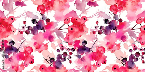 Watercolor seamless pattern with wild berries and currants, twigs and leaves. Floral drawn background for design, fabric, paper, wallpaper, packaging. Generative AI