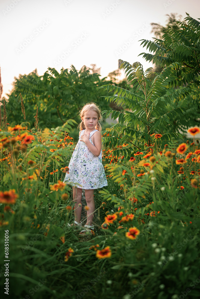 A blonde girl in a floral dress indulges against the background of gaylardia flowers and other flower beds A blonde girl in a floral dress indulges against the background of gaylardia flowers and other flower beds